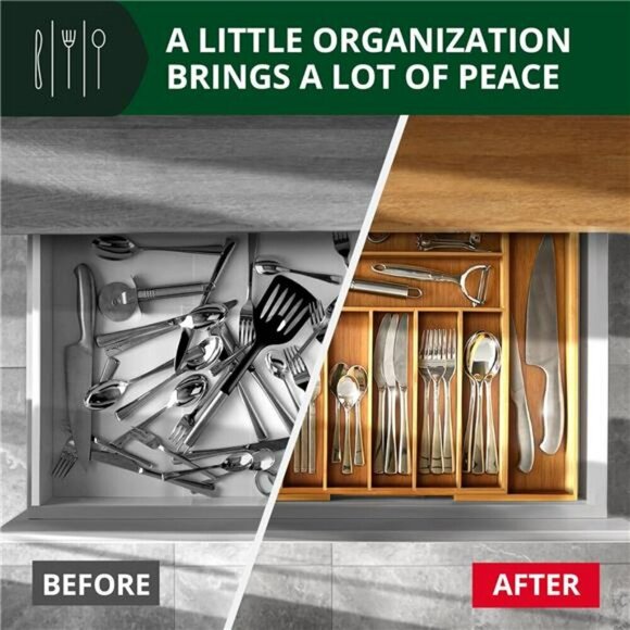Expandable Bamboo Kitchen Drawer Organizer Utensil Silverware Holder - Picture 3 of 7